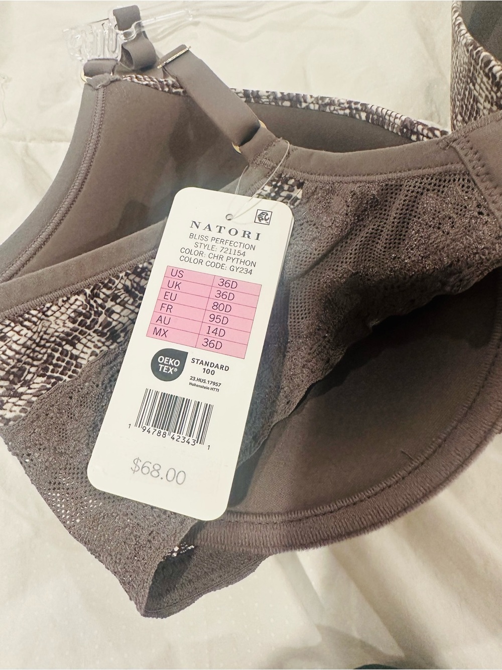 NWT Natori Taupe Snake-Print Bliss Perfection Contour Underwire Bra Size 36 D - Picture 7 of 7